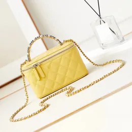 12A All-New Mirror Quality Designer Mini Cosmetic Bag 17cm Calfskin Quilted Bags Pearl Handle Handbags Yellow Purse Crossbody Shoulder Chain Strap Bag With Box