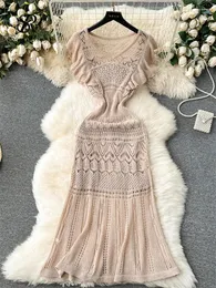 Casual Dresses SINGREINY Bohemian Hollow Out Long Dress Women Ruffles Sweet Sheer Knitted Sundress 2024 Lace Up Elastic Bodycon Beach