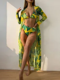 Sexy Bikini Swimsuith Swimming Suit Shawl for Women Fresh Green Flower Print Designer Mesno de banho Terno de natação Terno de banho Summer praia Maillot de Bain