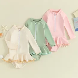 Roupas de banho verão crianças crianças garotas meninas roupas de banho de banho de banho sólido zíper de manga longa com borda de borda biquínis Biquinis Ternos de banho de praia