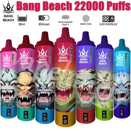 Bang Beach 22000 puffs Smart Screen Vape Disposable E Cigaretter Puff 22K 36 ml Förspillad pod 850mAh Uppladdningsbart batteri 0% 2% 3% 5% 12 Flavors Pen
