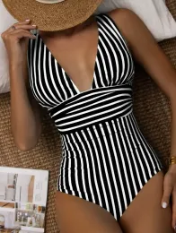 Anzüge 2023 gestreiftes One -Stück Badeanzug Vintage Badebekleidung Frauen Vneck Baden Badeanzug weiblicher Sommer Beachwear Bodysuit