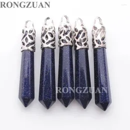 Pendant Necklaces Wholesale 5pcs Natural Stone Blue Sand Pendants Reiki Chakra Healing Hexagonal Point Pointed Pillar TN3019