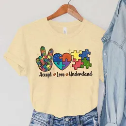 Frauen T-Shirt Akzeptieren Sie Liebe und Verständnis Print T-Shirts Autismus Areness T-Shirts Farbpuzzle Block Frauen Tees Harajuku Koreanische Oberteile 2023 D240507