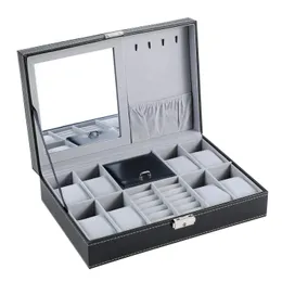 Lnofxas Watch Box 8 Biżuteria Watch Watch Display Case Organizer Biżuteria Trey Storage Pudełko Czarna skóra PU z lustrem i zamkiem 240423