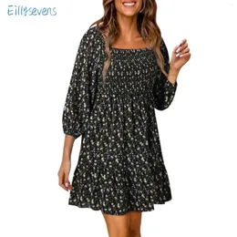 Casual Dresses Women'S Summer All-Match Floral Dress Loose 3/4 Sleeve Flowy Square Neck Mini-Dresses Daily Date Elegant