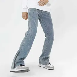 ANS 2023 Y2K Moda ayak bileği fermuar yıkanmış mavi bol parlama kot pantolon erkekler için giyim düz hip hop denim pantolon ropa hombre j240507
