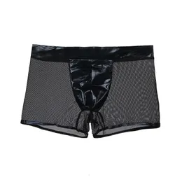 ROPA Interior Hombre Mesh sehen durch Hollow -out sexy Boxershorts Männer Slips Black Leder Man Sex Unterwäsche Dessous MPS047 240506