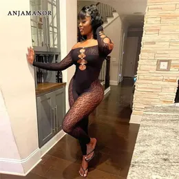 Women's Jumpsuits Rompers ANJAMANOR Sexy Mesh Tight Jumpsuit Women One Pieces Club Outfits S Through Hollow Off Shoulder Black Jumpsuits D87-BE10 T240507