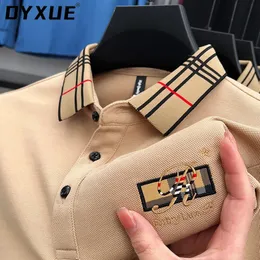 Dyxue highend varumärke bomulls höstlaple polo skjorta fast färg affär casual collar plaid tryck mens longsleved topp m4xl 240420