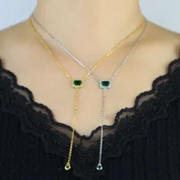 حقيقي 925 Serling Silver Green Square Drop Cz Zircon Sexy y Lariat Long Clavicle Chain Multi Layer Dliclace Necklace Jewelry