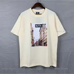 Marca de maré alta marinha masculina kith t-shirt Vista de rua impressa em azulejo omoroccan de mangas curtas para kith camiseta homens e mulheres tee algodão 4144