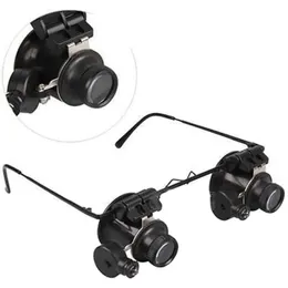 Professional 20x Magnifier Double Eye Glasögon Typ Watch Repair Jeweller Kontrollera verktygsförstoring med två justerbara LED -lampor