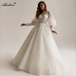 Chic Chiffon-applikationer Scoop A-Line Wedding Dress Delicate Puff Sleeves Pets Up Brud Gowns 2024