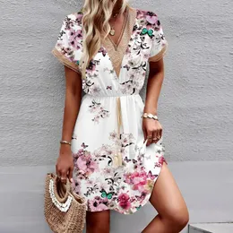 캐주얼 드레스 깊은 V 목 레이스 업 여성을위한 Deep v Neck Lace Up Dress Fashion Short Sleeve Mini 전사 Mujer Spring and Summer Floral