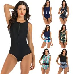 Garnitury bez rękawów Straż Strażowa Kobiety Zipper One Piece Swimsuit plus w rozmiarze nadruk stroje kąpielowe Push Up Swim Swime High Neck Monokini Black Surf