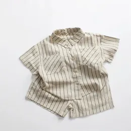 Deer Jonmi 2024 Summer Korean Boys Stripe Set Cotton Linen Shirt Shorts 2-piece Childrens Casual Loose Set 240424