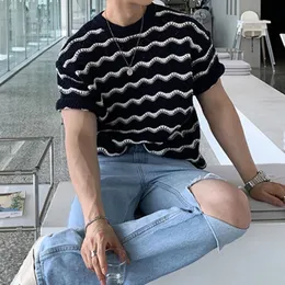 Streetwear Fashion Mens Knitting T Shirts Summer Short Sleeve O Neck Hollow Out Bortable Knit Tops For Men Stylish Striped Tee 240506
