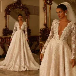 Wedding V-Neck Dresses Long Glamorous Sleeves A-Line Applicants Pearls Lace Up Backless Court Gown Custom Made Zipper Plus Size Bridal Dress Vestidos De Novia