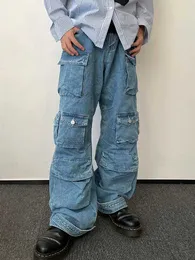 Męskie dżinsy Nowe w stylu Y2K Style Multi Pocket Tool Jeans American Retro Street HARAJUU MASE LAINDRY MOP PANTS Młodzieżowe odzież J240507