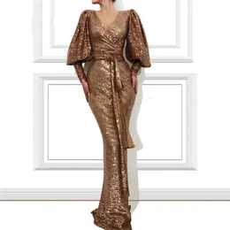 Designer Dress Sexy Evening V With Belt Gold Neck Long Sleeves Sequins Bling Women Prom Wear Custom Made Celebrity Gowns Robe De Soiree