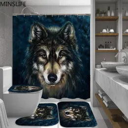 커튼 야생 늑대 머리 방수 180*180cm 샤워 커튼 및 화장실 뚜껑 뚜껑 욕조 매트 러그 세트 4 조각 욕실 세트 홈 장식