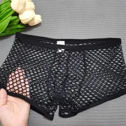 Big Fishnet Underwear Men Boxer Shorts Stor Mesh Hole Sexig U Konvex helt transparenta trosor plus storlekstam M-XXL 240506