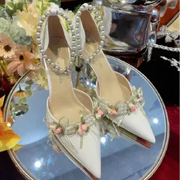 Sandals Spring/Summer Pointed Leather Surface Pearl Water Diamond Flower Wedding Shoes Thin High Heels Banquet Dress Women's