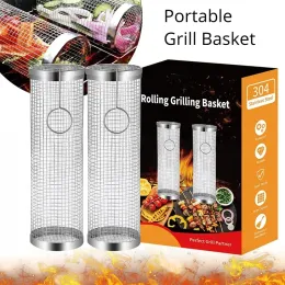 Tillbehör rostfritt stål grillkorg bärbar grillbur rullande grillkorg användbar BBQ grillkorg utomhus grilltillbehör