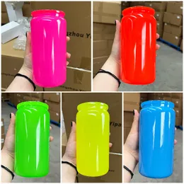 Summer Recyclable blank sublimation glossy 16oz Neon colored beer soda Borosilicate glass can with clear plastic straw for UV DTF wraps