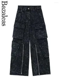 Kvinnors byxor 2024 Store Woman Streetwear Pockets dragkedja byxor y2k denim last bleknade mitten av midjan baggy tjänsteman