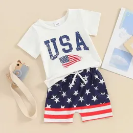 Giyim Setleri Yaz Bebek Erkekler 4 Temmuz Giysileri Bayrak Mektubu Baskı T-Shirts Üstler Şort Bağımsızlık Günü Kıyafetler Yenidoğan Seti H240507