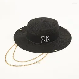 Wide Brim Hats 2024 Summer Arrival Double Chain Strap Fedora Hat Straw For Women