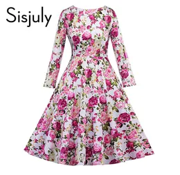 SISJULY SUKIENKA VINTAGE RETRO Zielony różowy nadruk kwiatowy w stylu lat 50. Elegancki O PROBTY PROBTY AUTUMN Zima Sukienki z długim rękawem2748462