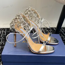Aquazzura Tassels Rhinestones Crystal Pendant Sandals Stiletto Heels 여자 고급 디자이너 샌들 정품 가죽 아웃솔 이브닝 파티 신발과 상자