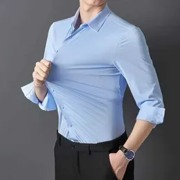 Herrklänningsskjortor Sömlös anti-rynka affärer Silky High Elastic Spandex Mens Long-Slesled Shirt Formal Social Social Non Solid Color Casual D240507