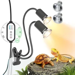 Iluminação Igrowsla Dualhead Reptile térmico Luz de lâmpada com timer 2/4/8h, 2pcs 50w UVA/B Bulbo Habitat e grampo para tartarugas, lagarto, cobra