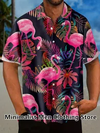 2023 Blatt- und Flamingo -Druckhemd für Männer Hawaiian lässiger Strand Kurzarm Mode Tops Männliche Bluse Sommerkleidung 240430