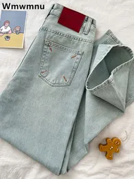 İşlemeli düz bol bavy denim pantolon kadınlar rahat yüksek bel vintage jeans Kore sokak kıyafeti yıkama moda kot pantolonlar 240423