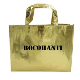 50x Custom Printed Metallic Silver Gold Shinny Fabric Tote Bag Large Non-Woven Shopping Gift Bags for Party Wedding Favors 240506