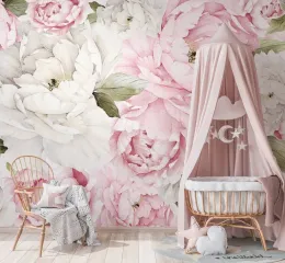 Stickers Kids Watercolor Peony Wallpaper | Girls Room Pink Peony Floral Wall Mural | Nursery Flower Peonies Wallpaper