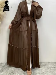 Etnik Giyim İnci Şifon Kollu Kravat Tasarım Hırka Cobe Mütevazı Müslüman Dubai Elegant Kimono Açık Abaya Elbisesi Corban Eid Kadın