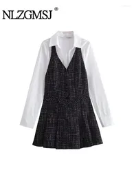 Casual klänningar nlzgmsj kvinnlig lapptäcke skjorta klänning elegant lape v-hals kort 2024 mode office lady pleat chic vestidos