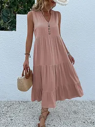 Jim Nora Casual Summer Midi Kleid Frauen Ärmellos Tank gegen Halsknöpfe Rüschen losen Kleider Strand Soild Sunddress Mode 240424