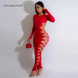 Urban Sexy Dresses Anjamanor Side Hollow Out Bandage Maxi Dresses For Women Winter Evening Elegant klänning Sexig Black Party Night Club Dress D42-31 T240507