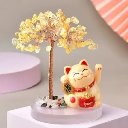 Miniatures Solar Energy Shake Hands Lucky Cat Base Fate Tree Natural Crystal Crushed Stone Life Tree Handwoven Decoration Office Decoration