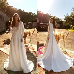 Abiti da sposa paillettes moderne perle da design da sposa da sposa per perle di perle a maniche lunghe Train treno di raso morbido con personalizzazione di boho.