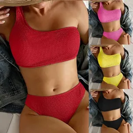 Kvinnors badkläder mode baddräkt sexig en axel veckad tyg röd dragning axelpaklösa en stycke badväder två stycken bikini