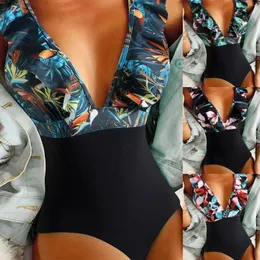 Bikinis de moda de banho feminina Conjuntos 2024 Mulheres Impressão digital Slim High Caint v Deep Swimwears Swimsuit
