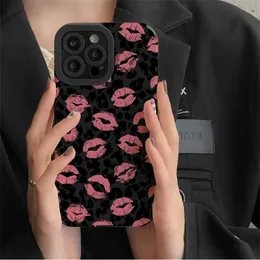 Mobiltelefonfodral sexig rosa läpp kyss leopard tryck telefonfodral för telefon 15 14 13 12 11 pro max 7 8 plus x xs xr mjuk silikonskal leopard täckning